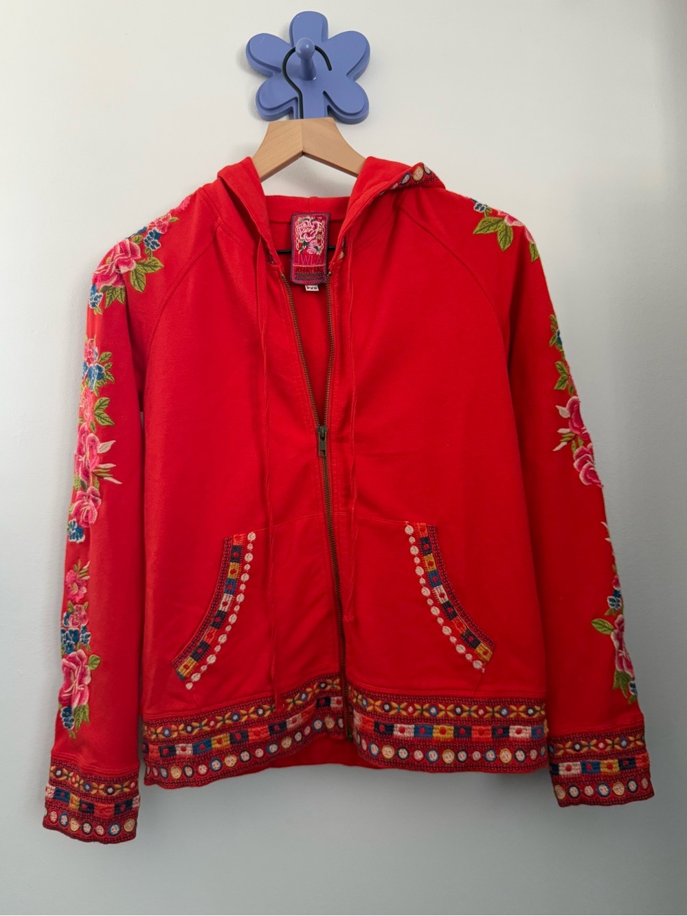 Johnny Was Petite XS Rina Full Zip Hoodie Red Boho Floral Embroidered Colorful - Picture 5 of 10